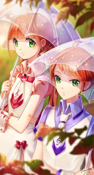 Anime picture 650x1200 with original kaminary long hair tall image looking at viewer smile brown hair multiple girls green eyes transparent umbrella girl dress 2 girls umbrella