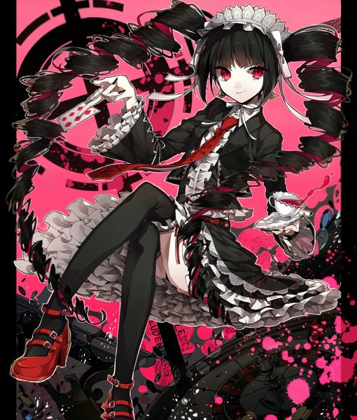 Аниме картинка 850x1000 с опровергающая пуля celestia ludenberg wonoco0916 один (одна) высокое изображение смотрит на зрителя чёрные волосы улыбка красные глаза сидит два хвостика очень длинные волосы лак на ногтях высокие каблуки zettai ryouiki скрещенные ноги закрученные волосы образ лолиты девушка чулки