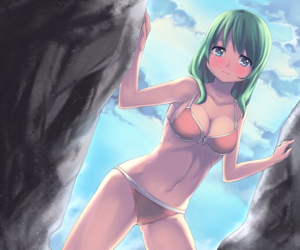 Anime-Bild 1200x1000 mit original saiste single long hair looking at viewer blush blue eyes light erotic green hair girl navel swimsuit bikini