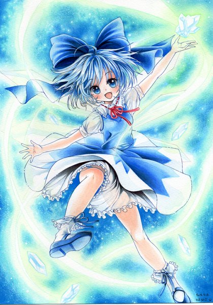 Anime picture 699x1000 with touhou cirno mosho single tall image looking at viewer blush short hair open mouth blue eyes light erotic signed blue hair pantyshot spread arms traditional media watercolor (medium) girl dress underwear