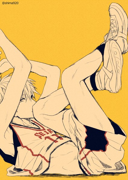 Anime picture 600x847 with kuroko no basket production i.g kuroko tetsuya mashima shima single tall image fringe short hair simple background hair between eyes signed arms up bare belly crossed legs monochrome reclining leg lift (legs lift) yellow background partially colored boy
