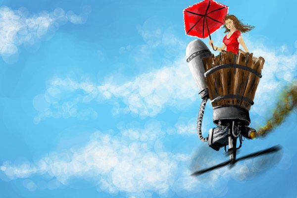 Anime picture 3543x2362 with original kaesestrahler highres absurdres sky cloud (clouds) flying girl umbrella