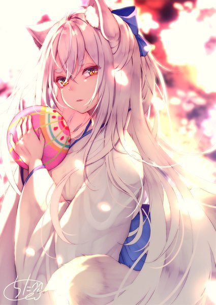 Anime picture 1417x2000 with original chita (ketchup) single long hair tall image looking at viewer fringe hair between eyes red eyes holding signed animal ears silver hair tail traditional clothes parted lips japanese clothes animal tail wide sleeves fox ears
