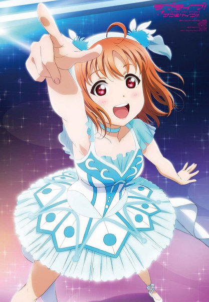 Anime picture 1115x1603 with love live! sunshine!! sunrise (studio) love live! takami chika inou shin single tall image looking at viewer blush short hair open mouth smile red eyes ahoge arm up from above orange hair teeth sparkle girl