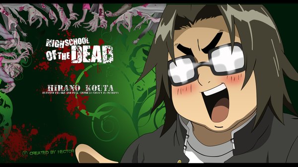 Anime picture 1920x1080 with highschool of the dead madhouse hirano kohta hector (artist) blush highres open mouth black hair wide image fat boy glasses hands