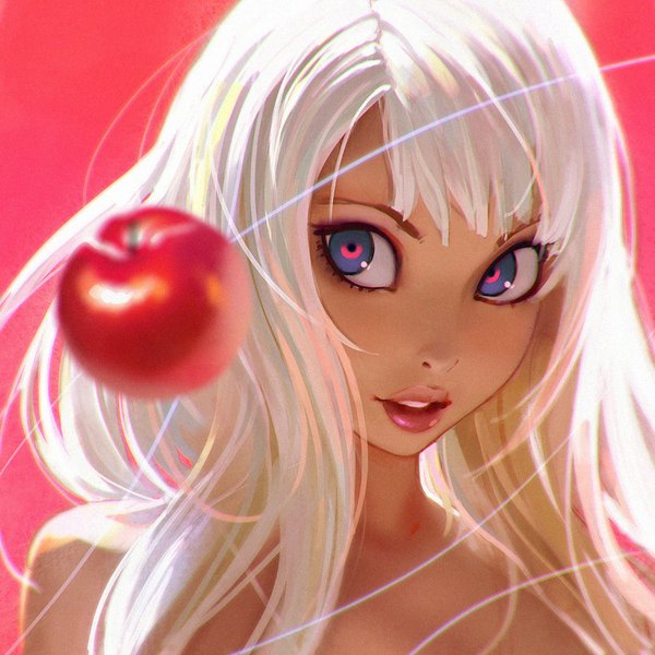 Anime picture 900x900 with original ilya kuvshinov single long hair blush fringe blue eyes simple background bare shoulders looking away white hair parted lips lips teeth light close-up pink background eyeshadow revision makeup