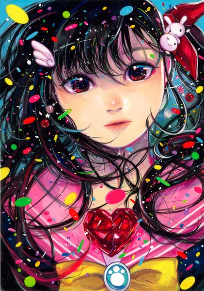 Anime picture 1122x1600 with original tatsumi (serao) single tall image looking at viewer fringe black hair red eyes ponytail side ponytail close-up girl hair ornament animal wings food heart sweets hairclip candy