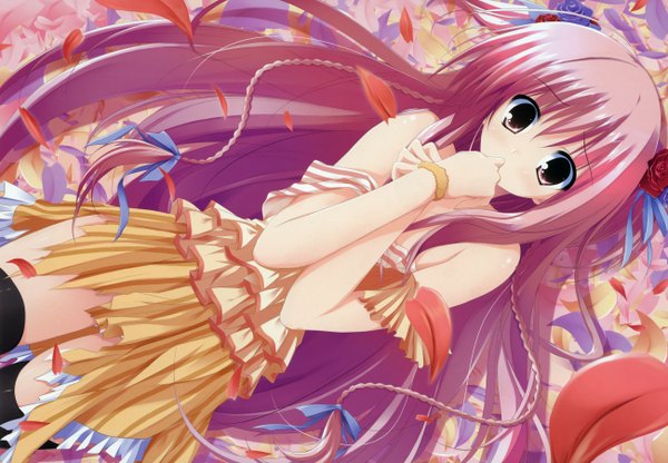 Anime picture 2600x1804 with sakura no sora to kimi no koto sakuno kanata tsukinon long hair highres black hair twintails pink hair braid (braids) short twintails girl dress petals