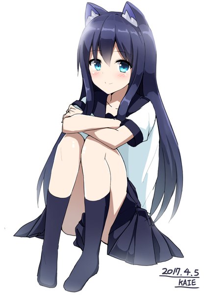 Anime picture 707x1000 with original kaie single long hair tall image looking at viewer blush fringe blue eyes light erotic black hair simple background hair between eyes white background sitting signed animal ears full body pleated skirt light smile