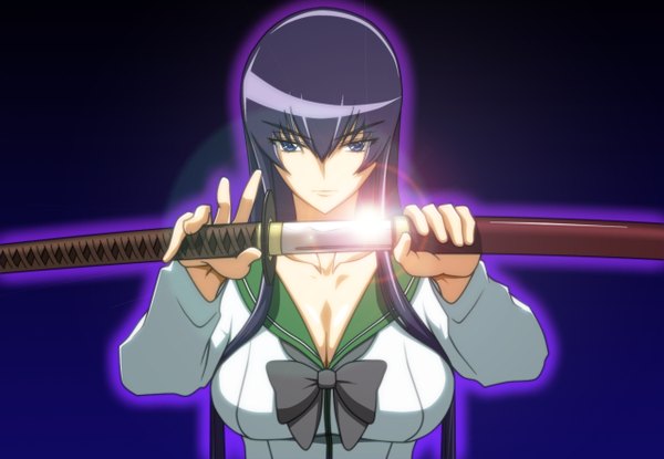 Anime picture 1280x886 with highschool of the dead madhouse busujima saeko light erotic simple background purple hair unsheathing girl sword serafuku katana sheath