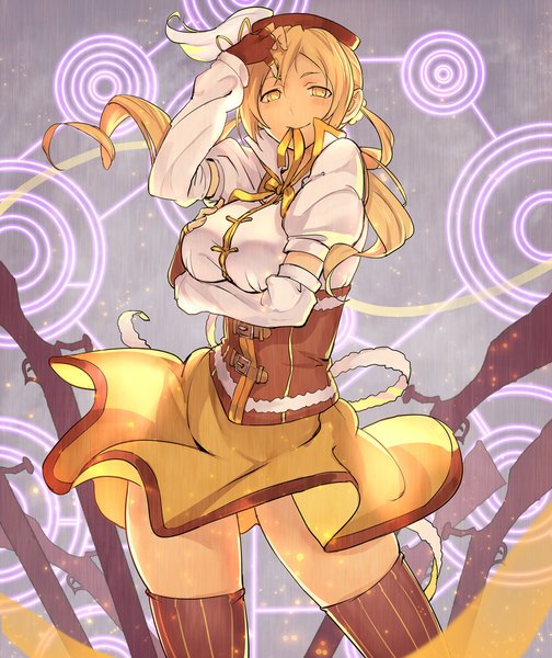 Anime picture 893x1062 with mahou shoujo madoka magica shaft (studio) tomoe mami ryuuzaki ichi single long hair tall image looking at viewer blush breasts blonde hair smile large breasts holding yellow eyes zettai ryouiki mouth hold skindentation drill hair breast hold