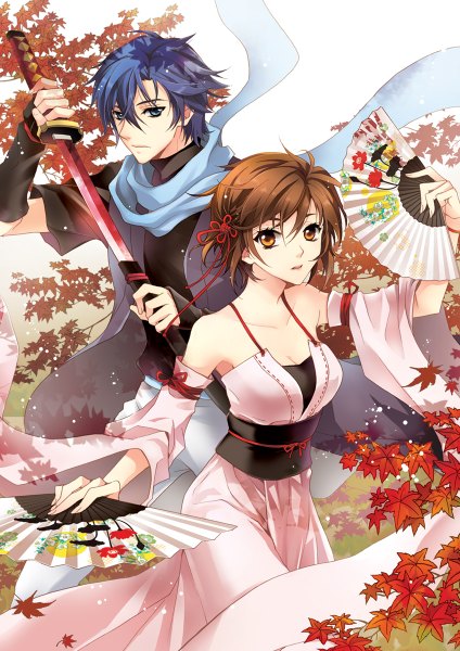 Anime picture 848x1200 with vocaloid kaito (vocaloid) meiko mca (dessert candy) tall image looking at viewer blue eyes brown hair bare shoulders brown eyes blue hair girl dress boy weapon detached sleeves sword belt scarf katana