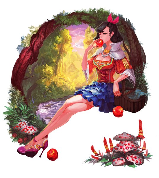 Anime picture 1000x1118 with snow white and the seven dwarfs snow white ppp single tall image short hair black hair sitting black eyes high heels crossed legs eating river girl skirt flower (flowers) bow plant (plants) hair bow tree (trees)