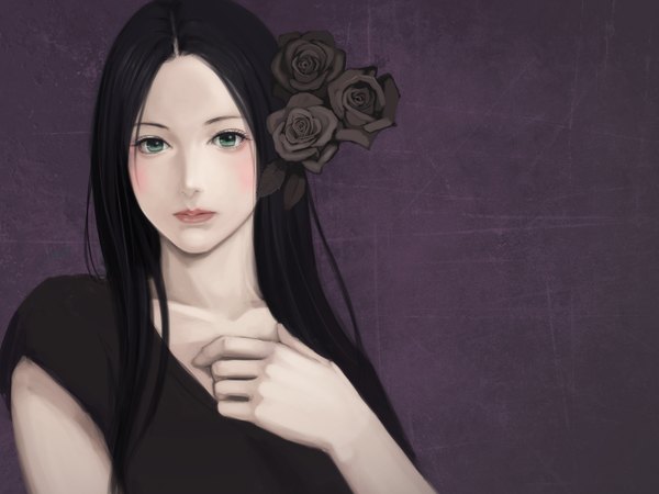 Anime picture 1600x1200 with damegane single long hair looking at viewer black hair simple background green eyes hair flower girl hair ornament flower (flowers) rose (roses) t-shirt