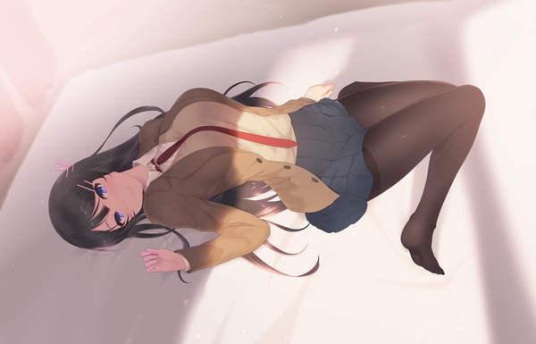 Anime picture 6614x4252 with seishun buta yarou cloverworks sakurajima mai cait single long hair looking at viewer blush fringe highres breasts blue eyes black hair smile absurdres bent knee (knees) lying pleated skirt from above open clothes