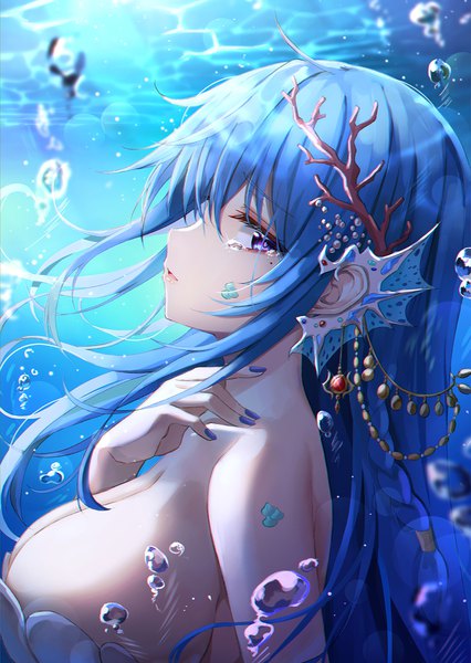 Anime picture 1000x1408 with original lkeris single long hair tall image looking at viewer fringe breasts open mouth light erotic hair between eyes purple eyes blue hair upper body braid (braids) nail polish profile fingernails blurry mole
