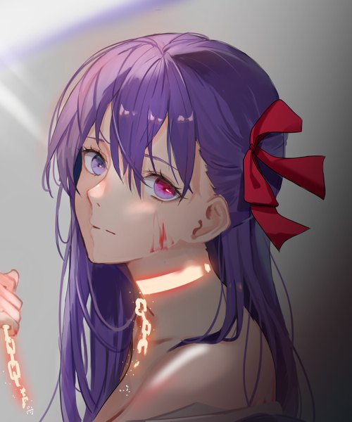 Anime picture 5000x6001 with fate (series) fate/stay night matou sakura jmin single long hair tall image looking at viewer fringe highres hair between eyes purple eyes holding absurdres purple hair upper body heterochromia glowing light blood on face