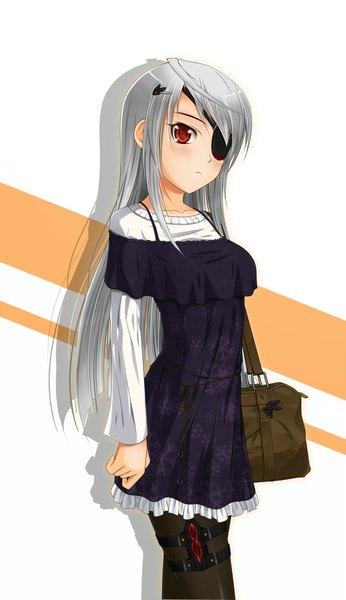 Anime picture 1300x2250 with infinite stratos 8bit laura bodewig midnight (artist) single long hair tall image looking at viewer blush red eyes silver hair girl dress hair ornament hairclip bag eyepatch