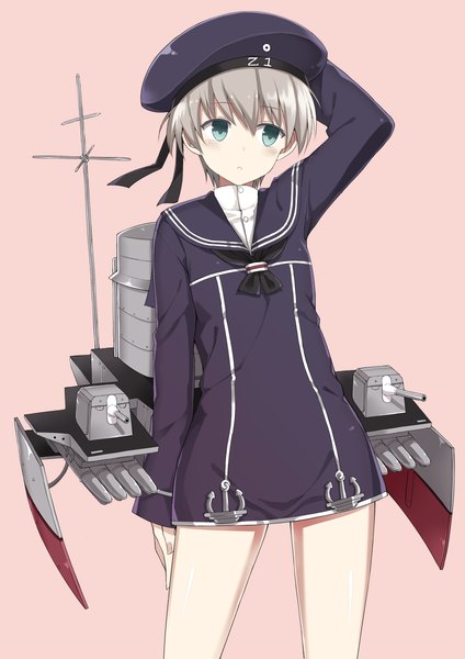 Anime picture 848x1200 with kantai collection z1 destroyer (leberecht maass) kuhotaka single tall image blush short hair blue eyes simple background looking away grey hair pink background hand on head girl dress short dress beret sailor suit