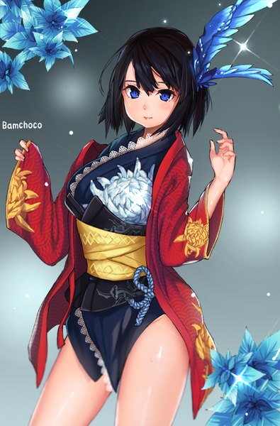 Anime picture 540x819 with kuri choko single tall image looking at viewer blush fringe short hair breasts blue eyes light erotic black hair simple background smile standing ahoge long sleeves arm up grey background wide sleeves gradient background