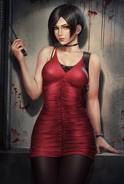 Anime picture 842x1250 with resident evil ada wong sciamano240 single tall image looking at viewer short hair breasts black hair standing bare shoulders holding brown eyes signed cleavage indoors arm up lips realistic arm support