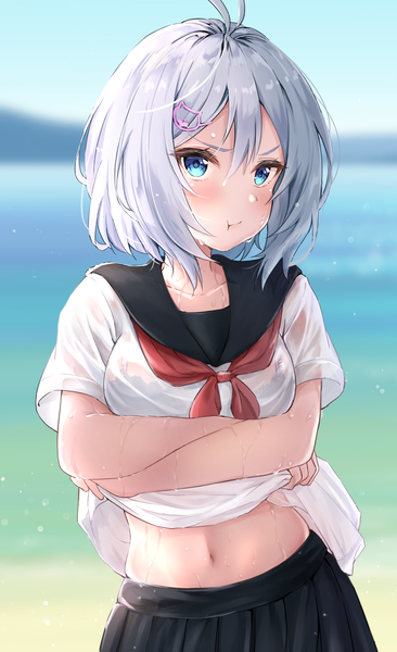 Anime picture 1799x2948 with original haru (re ilust) single tall image looking at viewer blush fringe highres short hair blue eyes light erotic hair between eyes silver hair upper body ahoge outdoors blurry wet crossed arms wet clothes