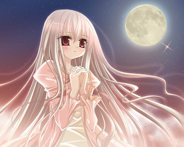 Anime picture 1280x1024 with eden* minori sion (eden*) nabepro single long hair fringe hair between eyes red eyes looking away sky white hair hands clasped interlocked fingers girl dress moon star (stars) full moon