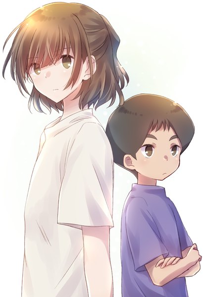 Anime picture 2765x4043 with nihon chinbotsu 2020 mutou ayumu mutou gou nyaa (nnekoron) tall image highres short hair simple background brown hair white background brown eyes looking away upper body crossed arms half updo siblings brother and sister girl boy child (children)
