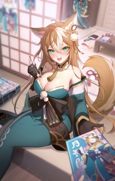 Anime picture 4235x6662 with genshin impact hina (genshin impact) so zei tama tama long hair tall image looking at viewer blush fringe highres breasts open mouth light erotic hair between eyes brown hair large breasts sitting holding green eyes signed animal ears