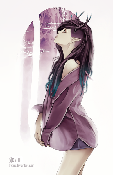 Anime picture 648x1000 with original kyoux (artist) single long hair tall image simple background purple hair profile horn (horns) pointy ears aqua hair looking up undressing girl plant (plants) shirt tree (trees) shorts
