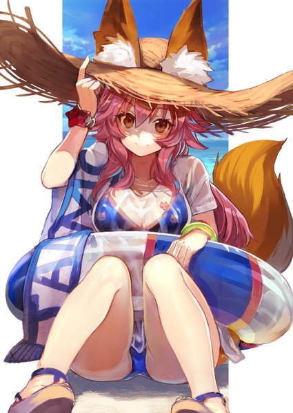 Anime picture 822x1161 with fate (series) fate/extra tamamo (fate) (all) tamamo no mae (swimsuit lancer) (fate) shirabi single long hair tall image looking at viewer fringe light erotic hair between eyes sitting animal ears pink hair tail animal tail light smile orange eyes fox ears