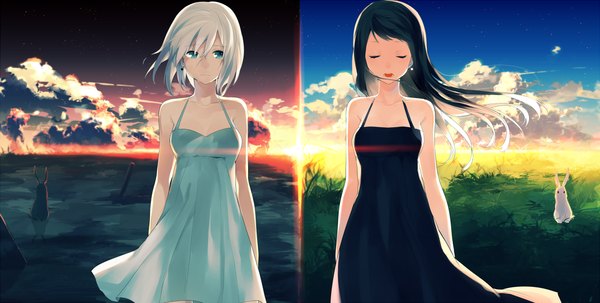 Anime picture 1185x600 with original achiki long hair fringe short hair open mouth blue eyes black hair wide image bare shoulders multiple girls sky cloud (clouds) white hair sunlight teeth evening sunset sunbeam sad