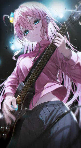 Anime picture 2252x4096 with bocchi the rock! cloverworks gotou hitori noubin single long hair tall image fringe highres blue eyes hair between eyes pink hair sweat one side up looking down playing instrument girl hair ornament musical instrument guitar