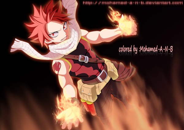 Anime picture 2308x1632 with fairy tail natsu dragneel m-shu single looking at viewer highres short hair smile red eyes pink hair inscription coloring glowing boy scarf fire