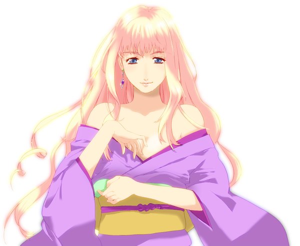 Anime picture 1725x1413 with macross macross frontier sheryl nome stella-leilei single long hair highres blue eyes white background pink hair japanese clothes light smile girl earrings belt kimono
