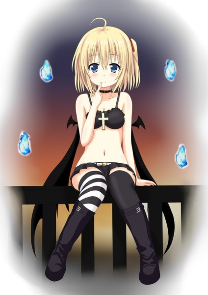 Anime picture 2893x4092 with original saku (kudrove) single tall image blush highres short hair blue eyes blonde hair sitting finger to mouth halloween different thighhighs girl thighhighs skirt navel miniskirt wings boots