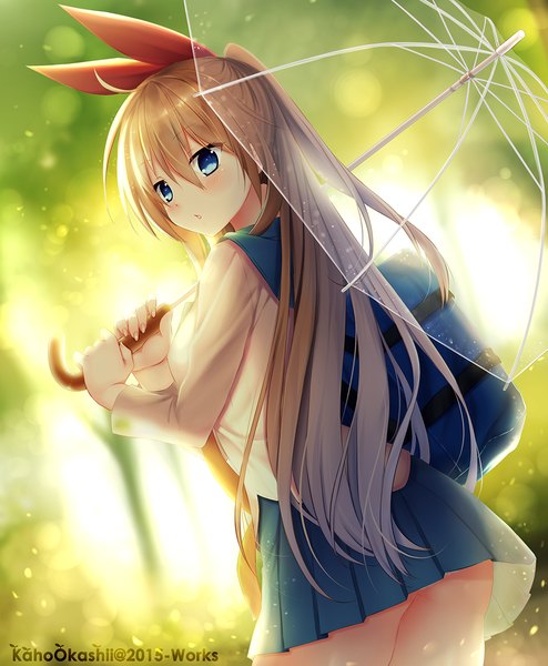 Anime picture 1000x1214 with nisekoi shaft (studio) kirisaki chitoge kaho okashii single long hair tall image blush blue eyes light erotic blonde hair ponytail pleated skirt sunlight turning head watermark half updo upskirt girl skirt