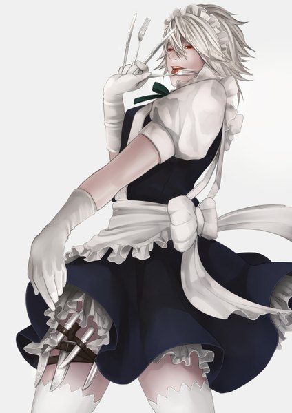 Anime picture 1000x1414 with touhou izayoi sakuya pochiharu single tall image short hair simple background red eyes white background white hair maid girl thighhighs dress gloves white thighhighs headdress maid headdress knife fork