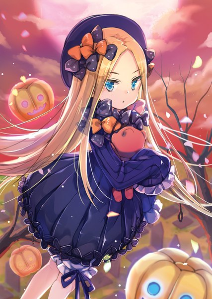 Anime picture 736x1034 with fate (series) fate/grand order abigail williams (fate) jin young-in single long hair tall image blue eyes blonde hair standing looking away sky halloween bare tree red sky girl dress bow plant (plants) hair bow