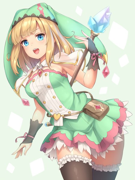Anime picture 810x1080 with original sasaame single long hair tall image blush fringe open mouth blue eyes blonde hair smile holding blunt bangs :d zettai ryouiki thighs frilly skirt girl thighhighs skirt