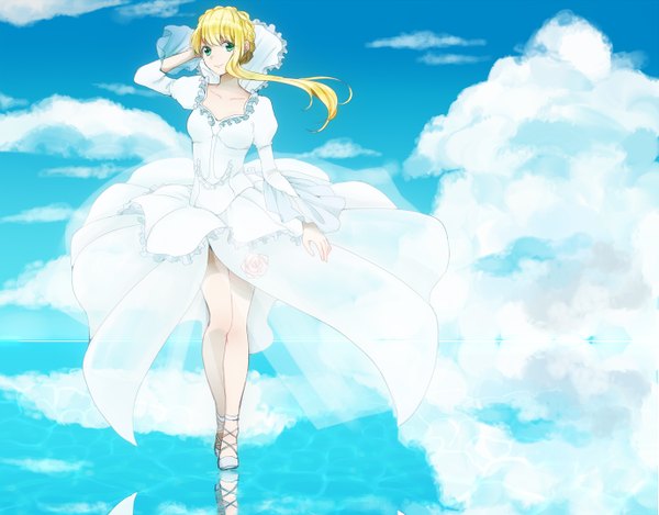 Anime picture 1380x1080 with aldnoah.zero a-1 pictures asseylum vers allusia natsumi foooo single long hair looking at viewer blue eyes blonde hair smile sky cloud (clouds) wind hand on head girl dress flower (flowers) water white dress rose (roses)