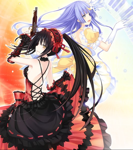 Anime picture 1280x1440 with date a live tokisaki kurumi izayoi miku tsunako long hair tall image fringe open mouth black hair purple eyes multiple girls yellow eyes purple hair profile official art heterochromia back lolita fashion uneven twintails girl