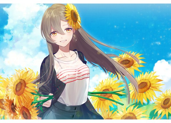 Anime picture 1700x1220 with original freestyle18 single long hair looking at viewer blush fringe breasts smile hair between eyes brown hair standing yellow eyes sky cloud (clouds) head tilt wind open clothes grin letterboxed