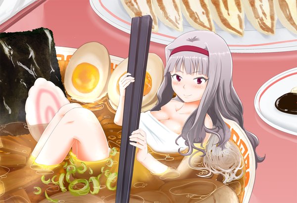 Anime picture 1163x800 with idolmaster shijou takane murakumo1987 single long hair blush light erotic smile red eyes grey hair partially submerged naked towel girl food hairband towel chopsticks noodles ramen