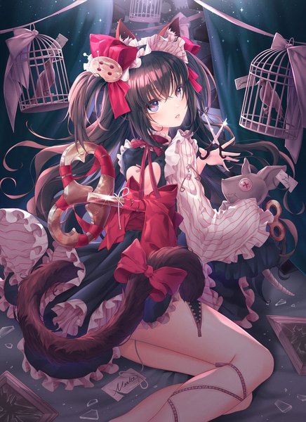 Anime picture 750x1031 with original develop2 single long hair tall image looking at viewer blush fringe blue eyes black hair hair between eyes sitting holding animal ears payot bent knee (knees) tail parted lips head tilt animal tail