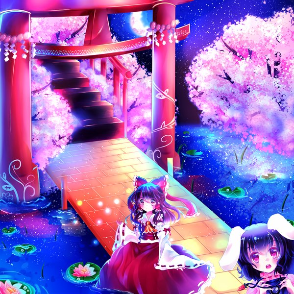 Anime picture 1200x1200 with touhou hakurei reimu inaba tewi maruuki long hair looking at viewer blush short hair open mouth black hair red eyes brown hair multiple girls animal ears teeth looking down multicolored girl dress flower (flowers)