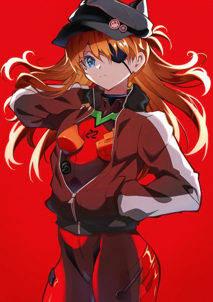 Anime picture 2951x4184 with neon genesis evangelion rebuild of evangelion evangelion: 3.0 you can (not) redo gainax soryu asuka langley shikinami asuka langley pension z single long hair tall image highres blue eyes simple background standing orange hair red background hand in pocket partially open clothes girl hat