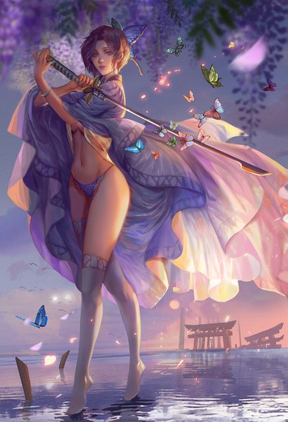 Anime picture 975x1425 with kimetsu no yaiba ufotable kochou shinobu jiuge single tall image looking at viewer short hair light erotic standing purple eyes holding sky purple hair cloud (clouds) full body outdoors traditional clothes japanese clothes wind