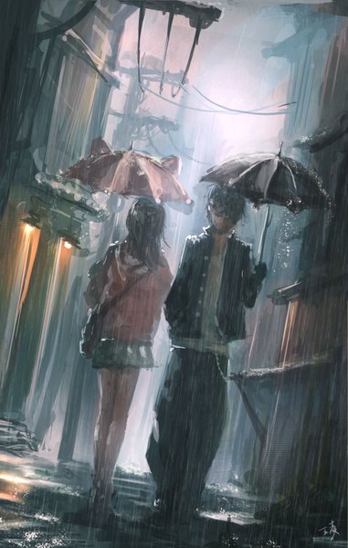 Anime picture 2085x3282 with original wlop tall image highres black hair brown hair pleated skirt blurry open clothes open jacket lens flare rain wet clothes girl boy skirt jacket umbrella bag