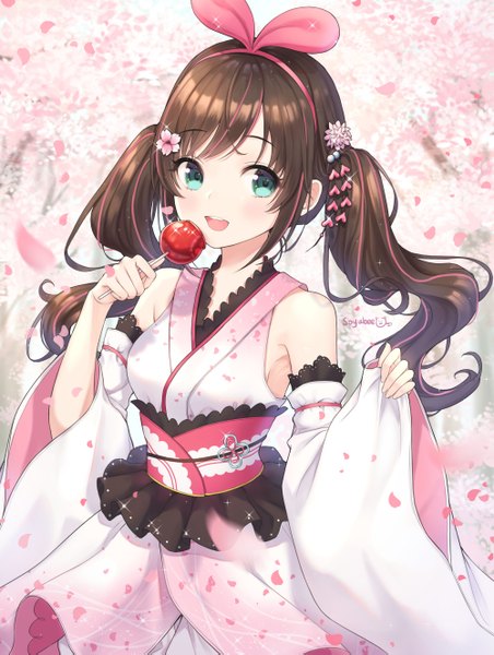 Anime picture 2000x2653 with virtual youtuber a.i. channel kizuna ai soyubee single long hair tall image looking at viewer blush fringe highres open mouth smile brown hair standing twintails bare shoulders holding signed payot